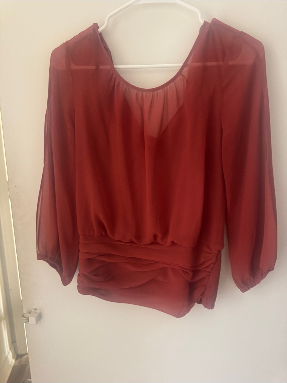 Women’s Sheer Long-Sleeve Blouse - Rust Red